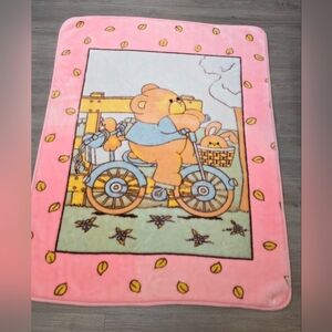 Vintage Rare Plush "Baki" Pink Baby Blanket Teddy Bear Riding Bike Bunny Basket